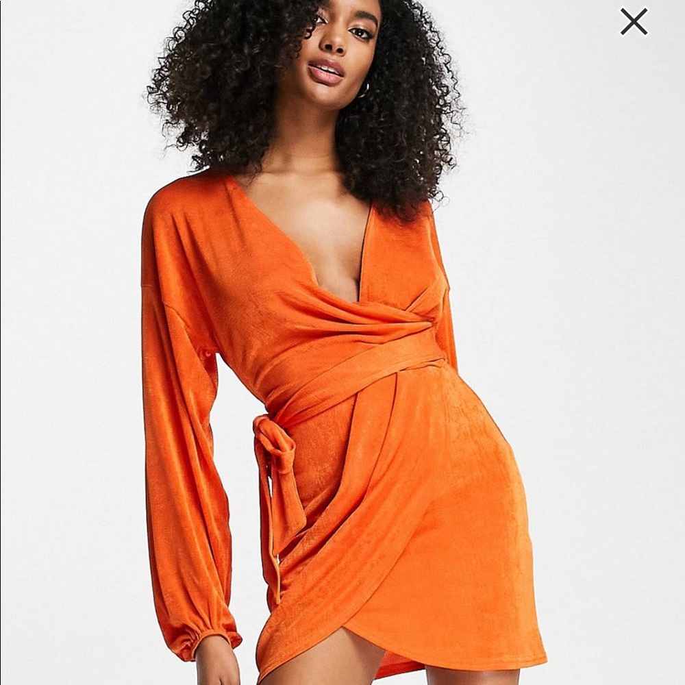 ASOS orange wrap slinky mini dress